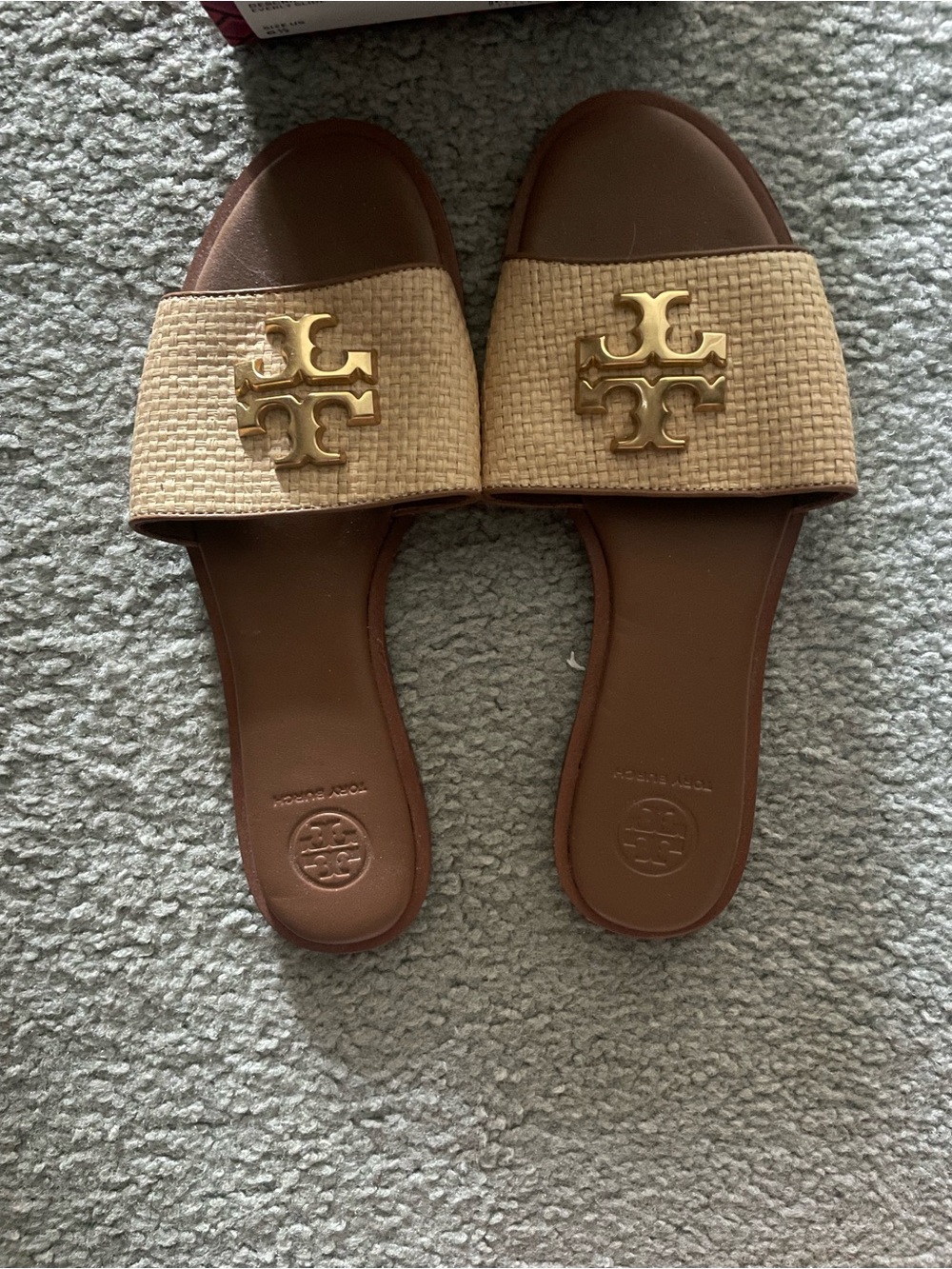 Tory Burch Brown and Natural Raffia Slide Sandals with Gold Logo